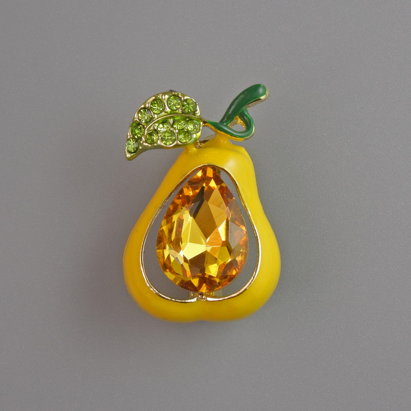 Pear-Shaped Yellow Enamel Brooch with Crystal and Green Rhinestones, Gold-Tone Metal 25x17mm