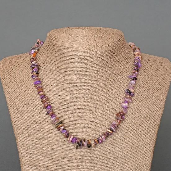 Charoite Necklace, natural stone chips, diameter 9x2 mm, length 47 cm