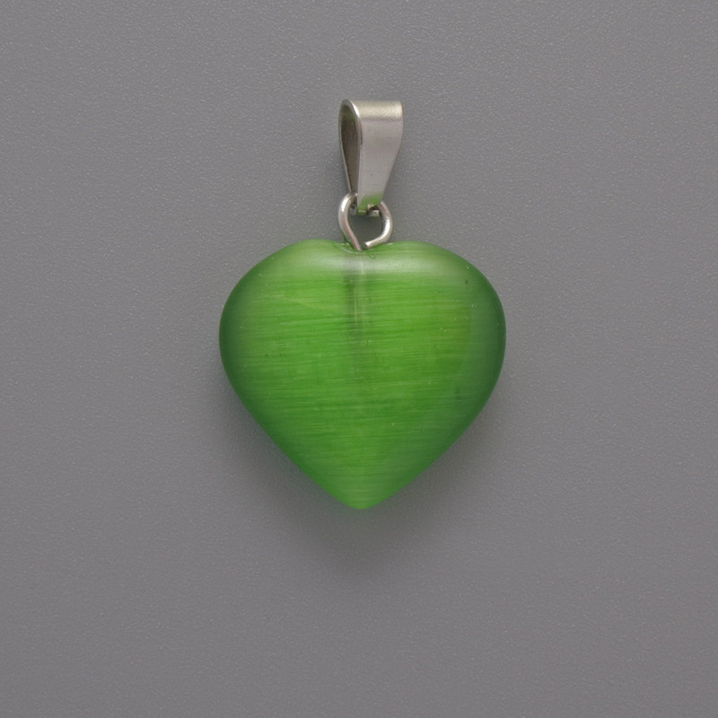 Heart Pendant with Green Cat's Eye, diameter 15×16×5 mm, length 23 mm