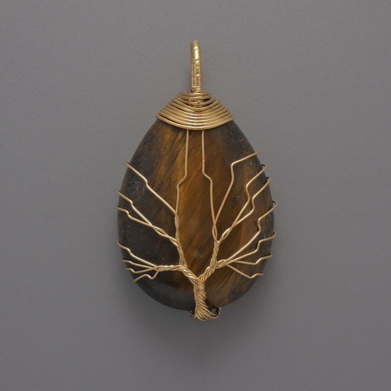 Tiger's Eye Pendant in Golden Wire Wrap, diameter 44×24×9 mm+