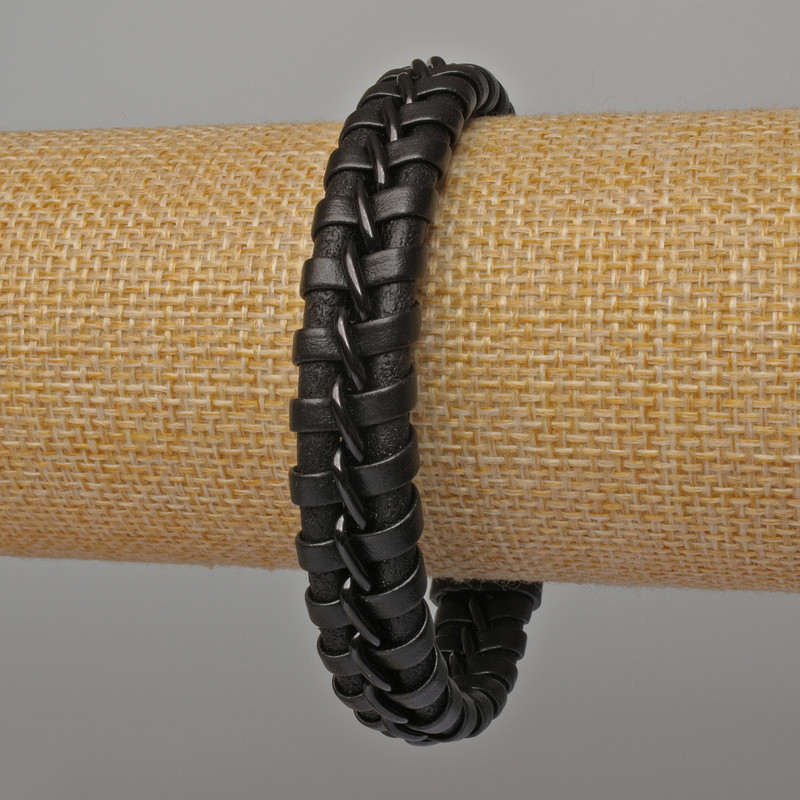 Men's bracelet, 21 cm long, 12 mm thick, black eco-leather