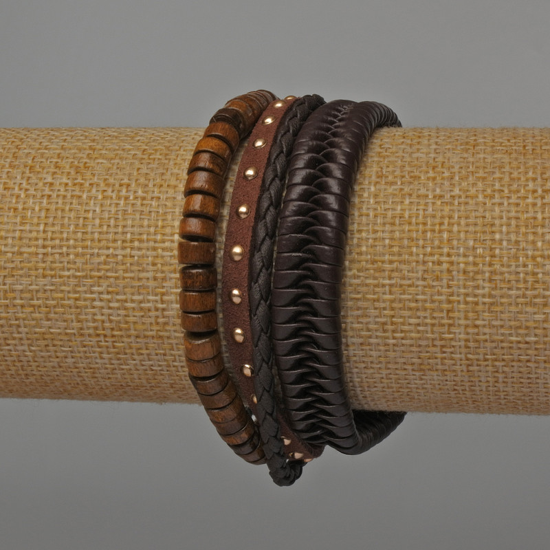Men's eco-leather bracelet set, 3 pieces, brown (adjustable strap and stretch)