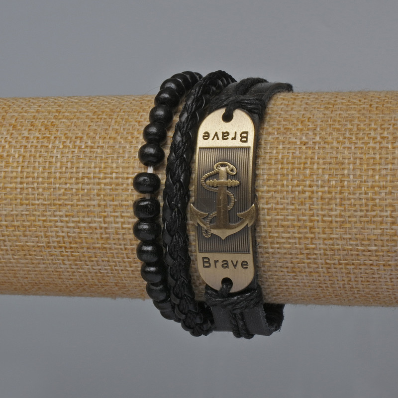 Men's three-piece bracelet set in black vegan leather (adjustable strap and elastic)