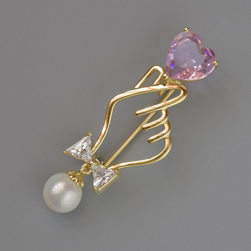 Brooch Symbol of Love with Pink and White Crystal, White Bead 45x16mm, Gold-tone Metal