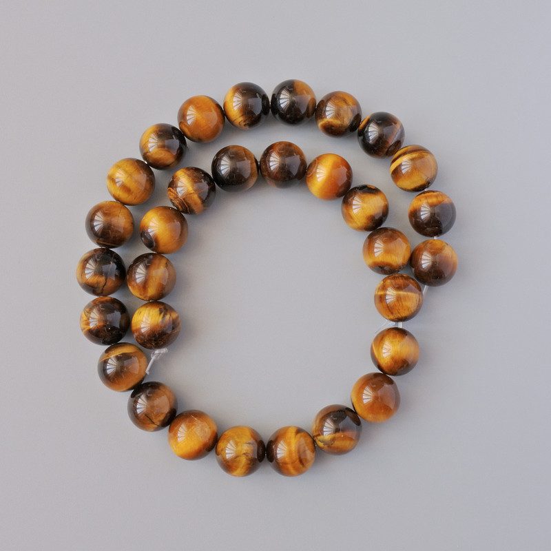 Tiger's Eye Beads, natural stone, smooth round beads, 12mm diameter ±, length 38cm ± on thread