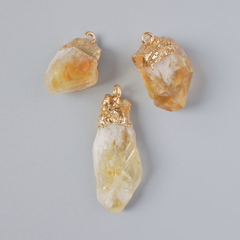 Citrine Pendant, natural unpolished stone, from 24x15 mm to 38x16 mm, assorted, golden metal