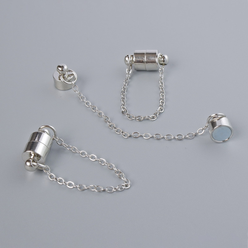 Magnetic clasp, diameter 13×6 mm, silver-tone metal with chain, length 5 cm