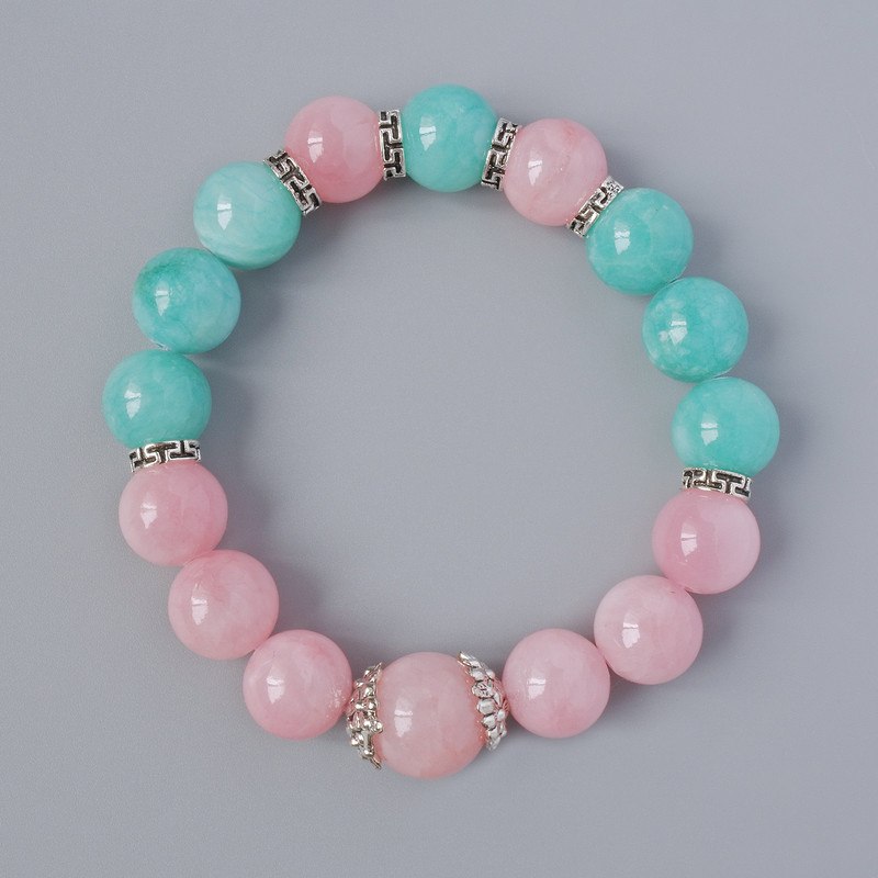 Bracelet Rose Quartz and Amazonite (artificial acrylic), bead diameter 12.5 mm, length 18 cm ± (stretch) with metal inlays