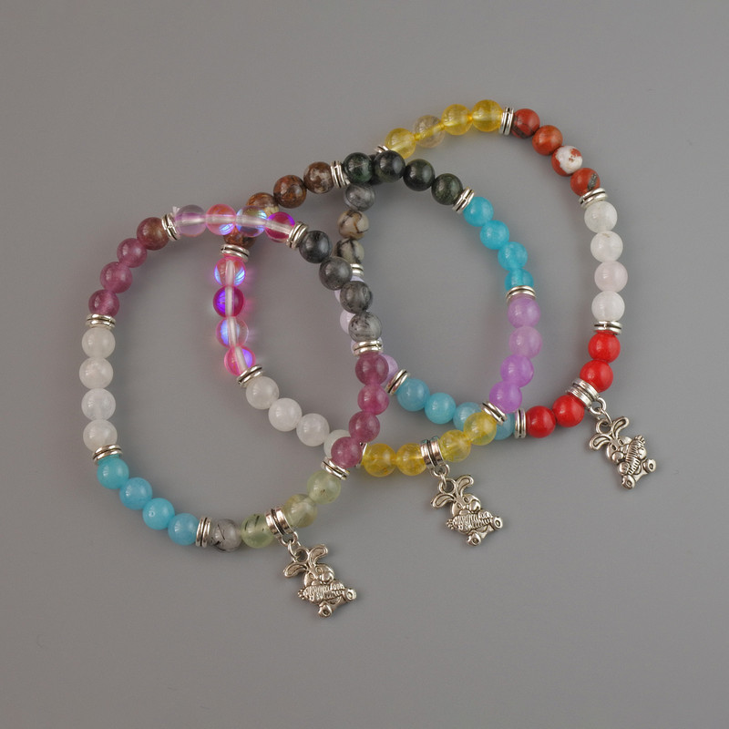 Assorted Bracelet with Smooth Beads, 6.5 mm Diameter, 18 cm Length, Stretch, with Metal Inserts
