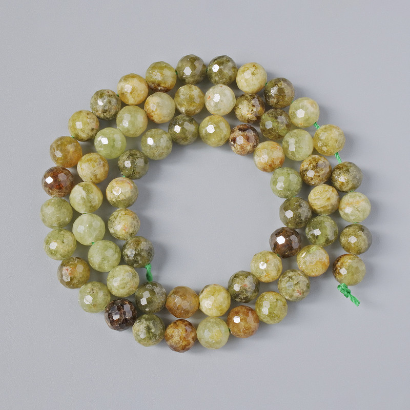 Grossular Beads (Green Garnet) Natural Gemstone Faceted Bead, 6.5 mm diameter, 39 cm length, on thread