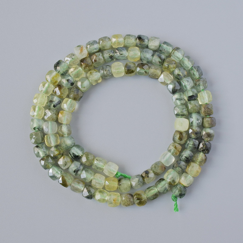 Prehnite Beads - Natural Stone - Faceted Cube, 4 mm diameter ±, 39 cm length ± on thread