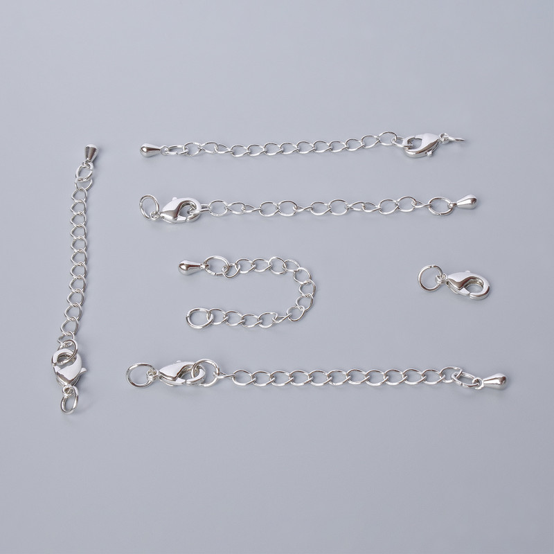 Carabiner clasp hardware, diameter 10x5 mm with extension chain, length 5.5 cm, silver-colored metal, 1 pc