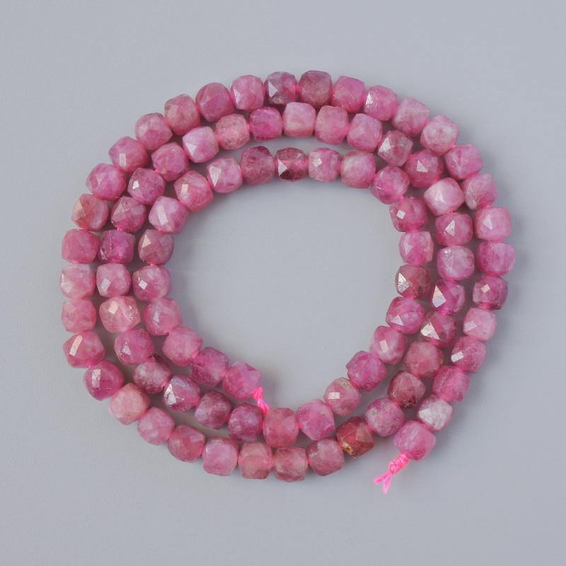 Beads Rubellite Tourmaline — natural gemstone, faceted cubes, diameter 4–5 mm, length 38 cm on thread