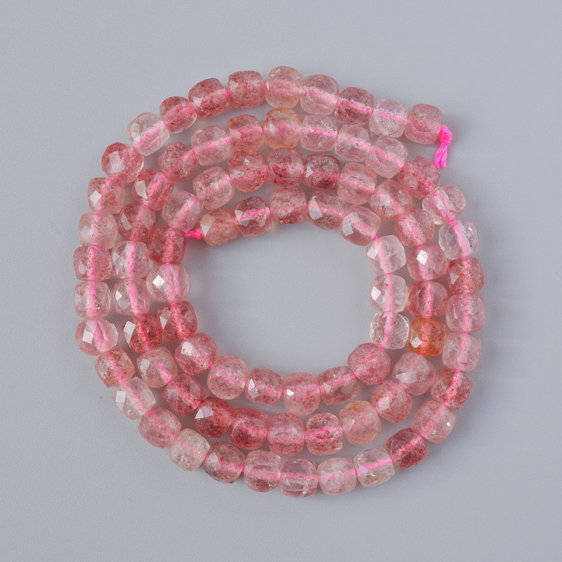 Strawberry Quartz Beads - Natural Stone, Faceted Cubes, 5mm Diameter, 39cm Length on Thread