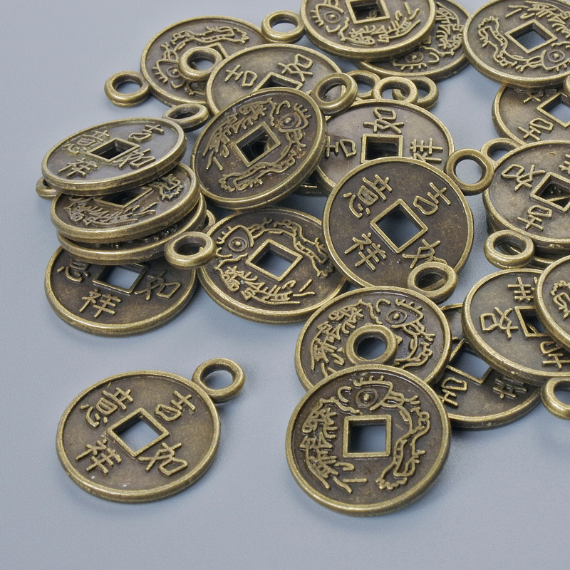 Pendant findings 'Chinese Coin', 17×13 mm, hole diameter 2.3 mm, packaging 24 pcs, bronze-colored metal