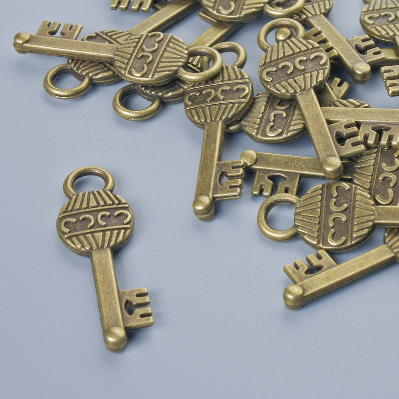 Pendant fittings 'Key', 26×8 mm diameter, 3.5 mm hole diameter, pack of 16 pcs, bronze metal color