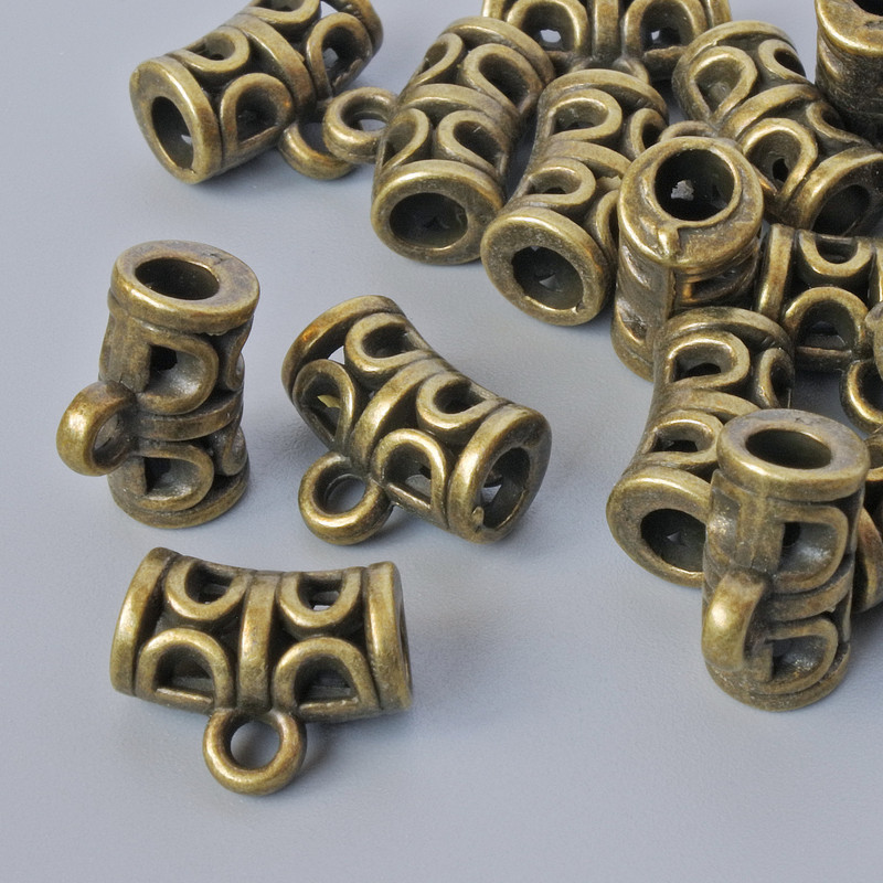 Bronze-colored Bail Holder, 12x6 mm, hole diameters 1.7 mm and 3 mm, length 9.5 mm, packaging 18 pcs