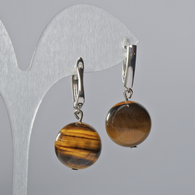 Tiger's Eye Earrings with Natural Stone, Smooth Beads, 16mm Diameter, 35mm Length, English Clasp