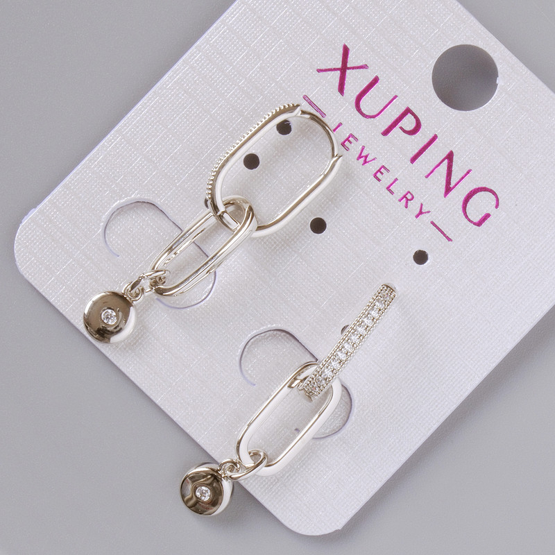 Xuping Earrings with White Crystals, Diameter 15×2 mm, Length about 35 mm, Rhodium