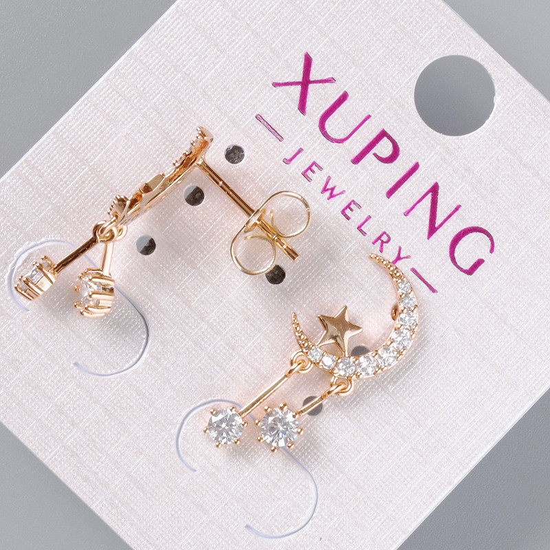 Stud Earrings 'Moon and Star' Xuping with White Crystals, diameter 11 x 8 mm, length 22 mm ±, 18K Gold Plating