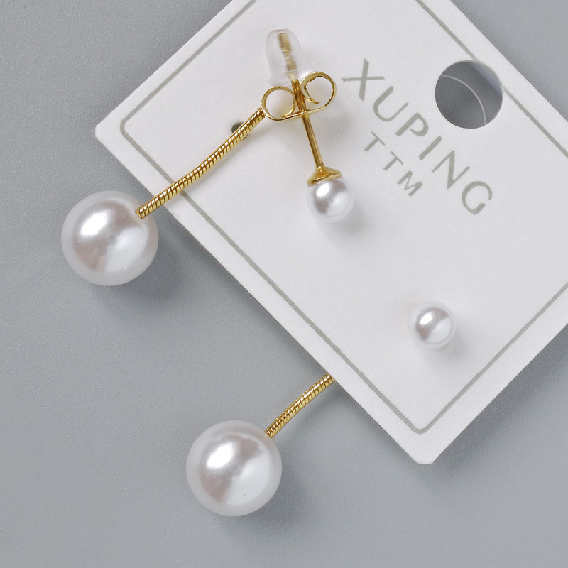 Xuping Stud Earrings with White Bead, 8mm Diameter, 4mm +/-, 25mm Length, Lemon Gold Plating