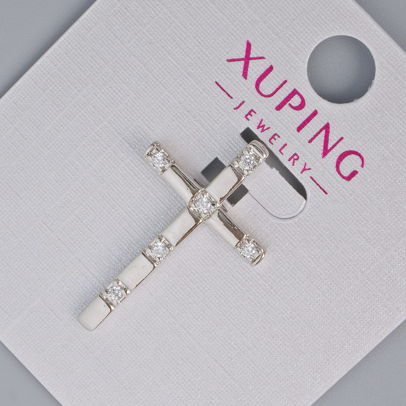 Pendant 'Cross' Xuping with white crystals, diameter 27×16, 5mm +/- rhodium