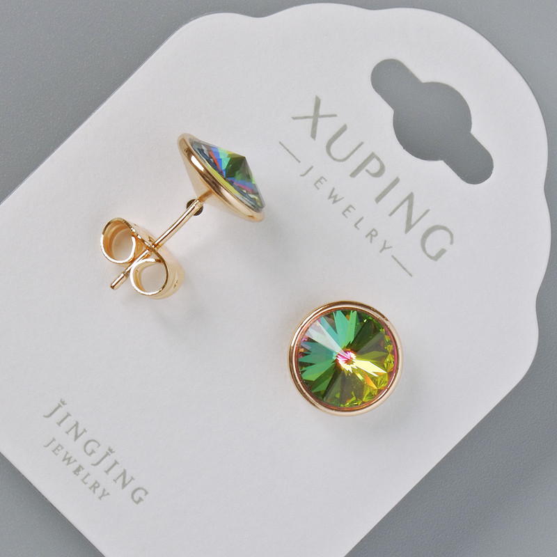 Xuping stud earrings with Swarovski crystals in green and pink chameleon color, 10 mm diameter, 18K gold plating