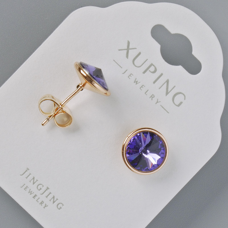 Xuping stud earrings with Swarovski crystals, purple color, 10 mm diameter, 18K gold plating