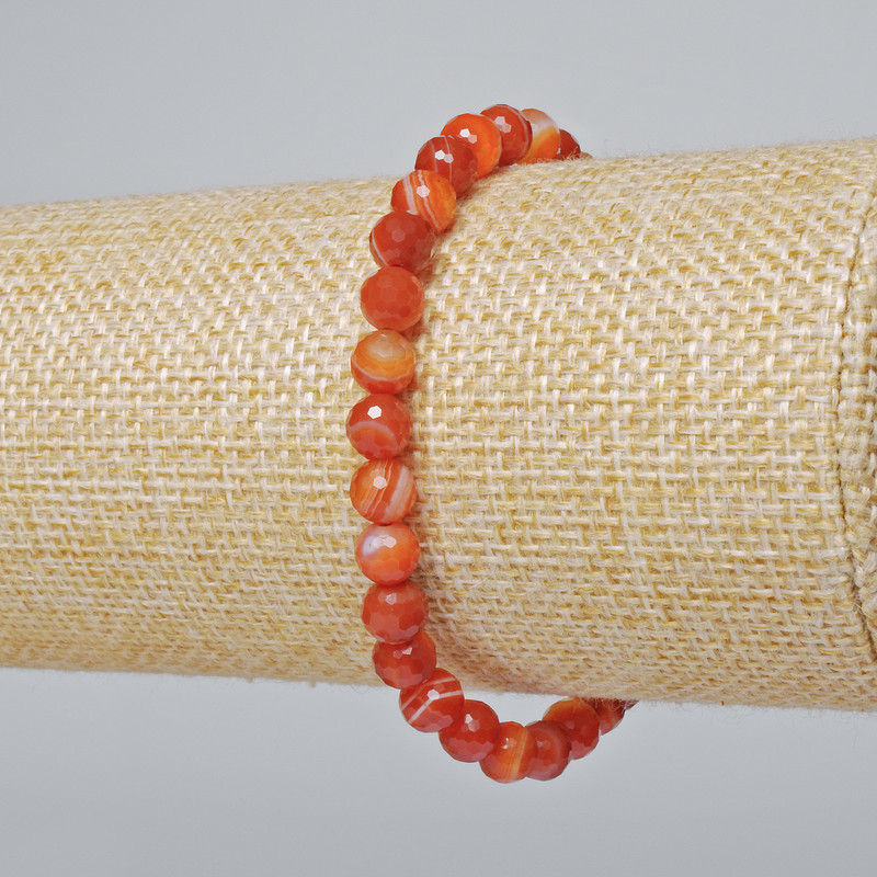 Carnelian bracelet, natural stone, faceted bead, 6 mm diameter, 18 cm length (stretch)