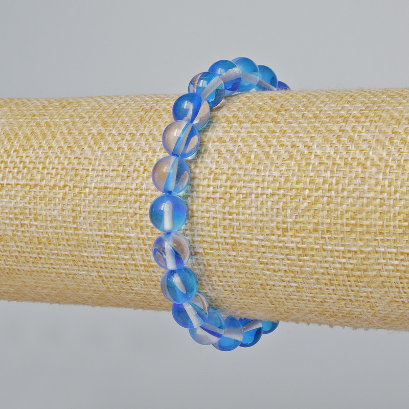 Opal glass bracelet with smooth beads, blue transparent chameleon color, diameter 8 mm ±, length 18 cm ± (stretch)
