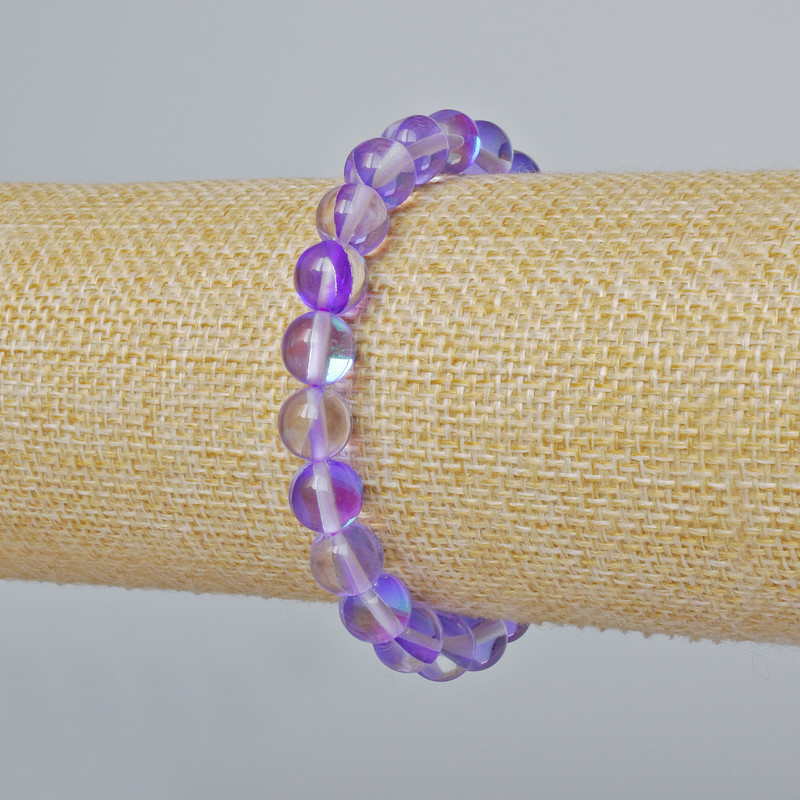 Opal Glass Bracelet with Smooth Beads, Lilac Transparent Chameleon Color, 8mm Diameter, 18cm Length ± (Stretch)