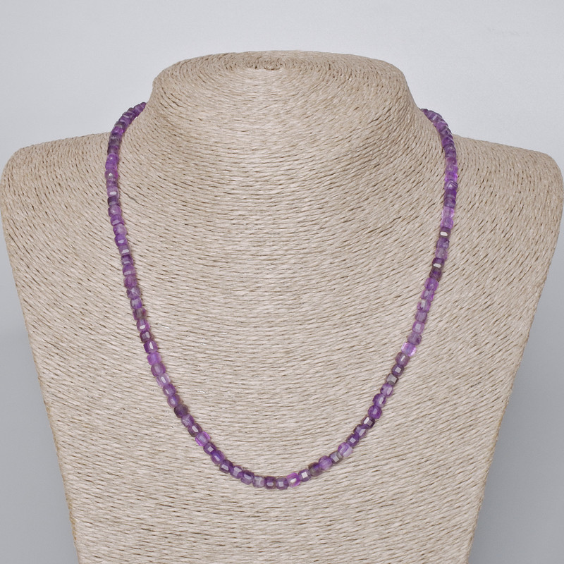 Amethyst Necklace with Natural Stone, Faceted Cube Beads, Diameter 4 mm, Length 45–48 cm