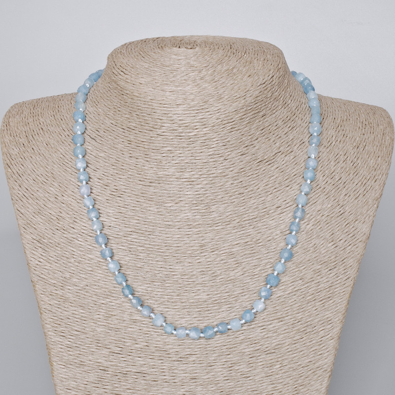 Aquamarine Necklace with natural gemstone, faceted cube beads, diameter 5.5 mm, length 48–50 cm