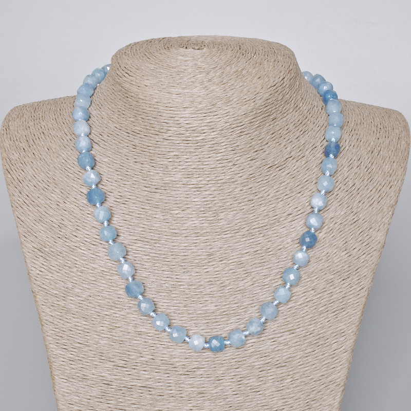 Aquamarine Necklace, natural gemstone, faceted cube beads, diameter 7.5 mm, length 48-50 cm