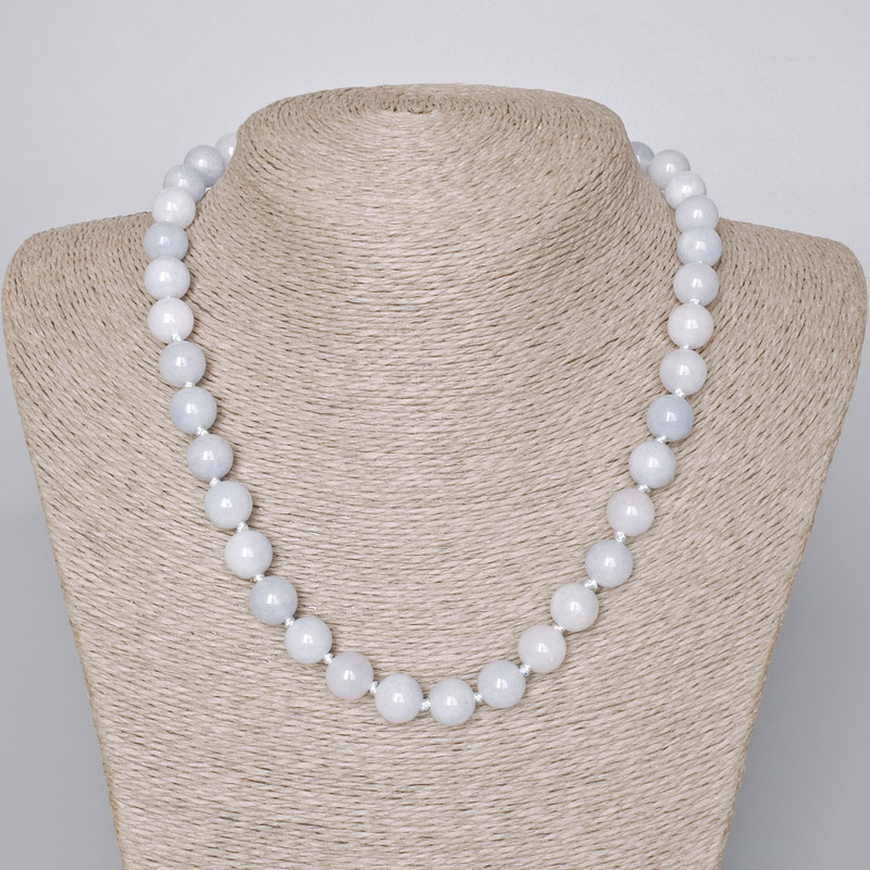 Aquamarine necklace natural stone smooth bead, diameter 10mm+-, length 45-48cm+