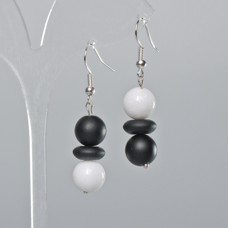 Earrings with Shungite and White Agate (Synthetic) Smooth Bead, Rondelle, 10 mm diameter, approx. 45 mm length