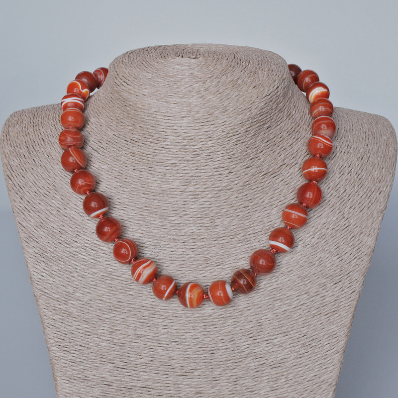 Orange agate necklace, natural stone, smooth bead, diameter 12 mm +/-, length 44x46 cm+