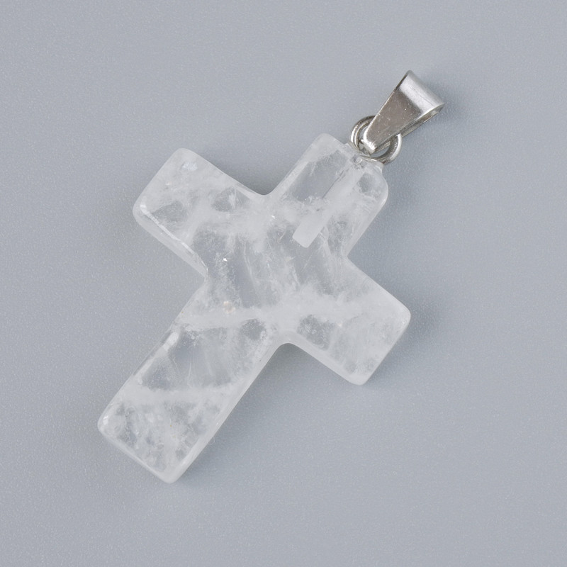 Pendant 'Cross' Mountain Crystal natural stone, diameter 25x18 mm ±, length 34 mm ±