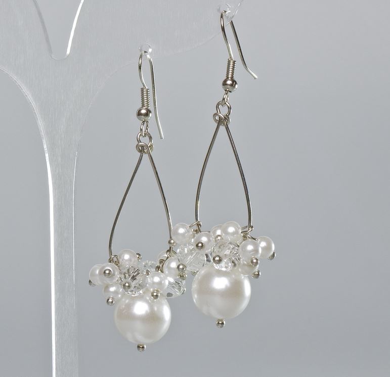 Earrings with Czech crystal and white bead, 11.5 mm diameter, 59 mm length