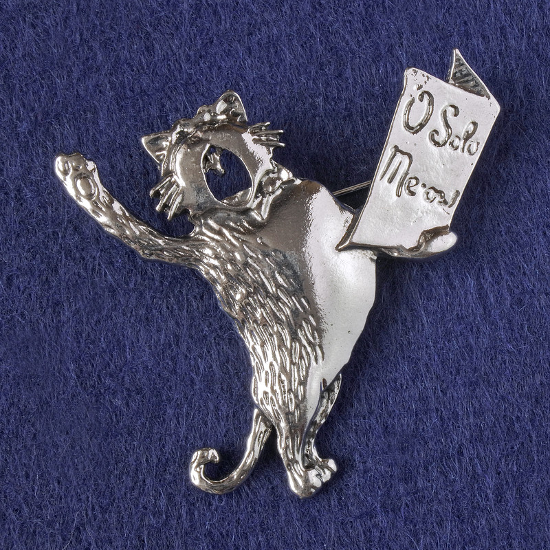 Cat Brooch-Pendant 'O Solo Meow', silver-colored metal 49x46mm+