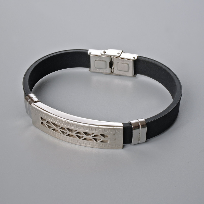 Men's bracelet with metal inlays, length 21 cm, thickness 10 mm (+/-), insert thickness 11.5 mm (+/-), rubber base