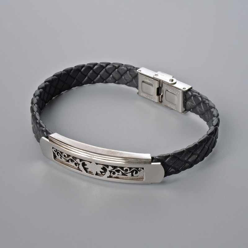 Men's bracelet with metal inserts, length 21 cm, thickness 10 mm +-, insert thickness 12 mm +-, black eco-leather