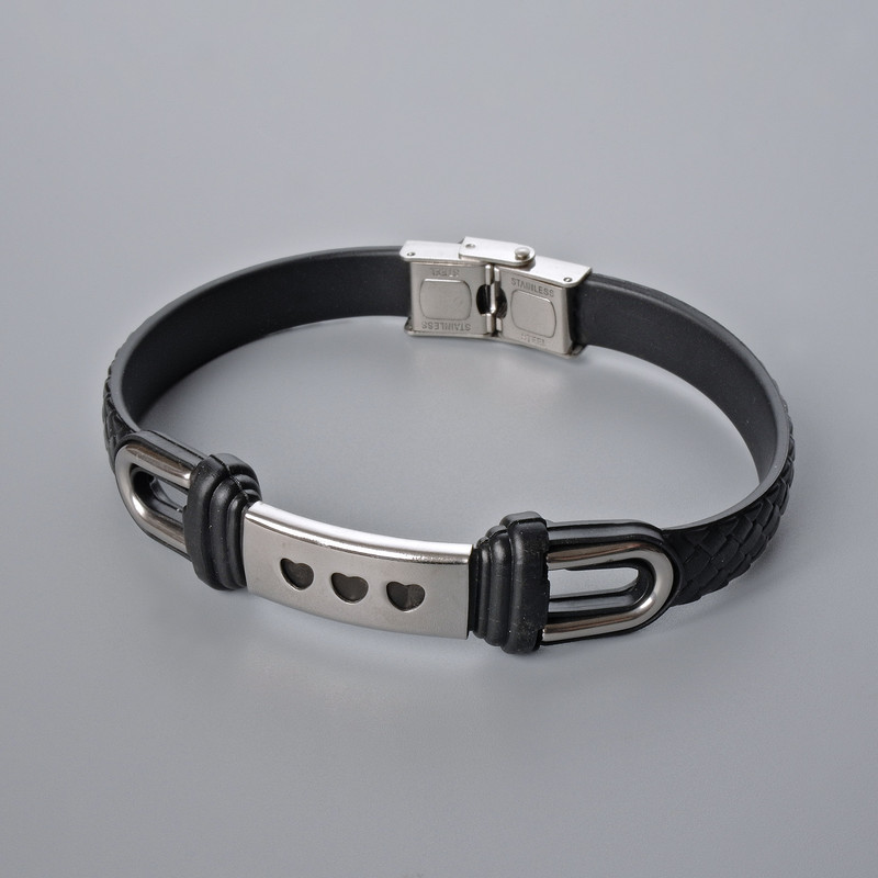 Men's bracelet with metal inlays, length 21 cm, thickness 10 mm ±, inlay thickness 11 mm ±, black eco-leather