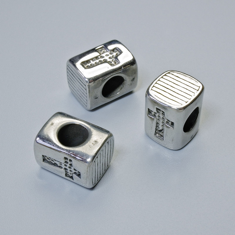 Bead-insert 'Cross' - diameter 11×8.5 mm, hole diameter 4.8 mm, silver metal color, 1 pc