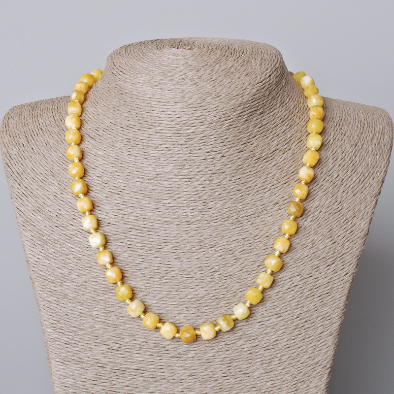 Yellow Jadeite Necklace, Natural Gemstone, Faceted Cubes, Diameter 7 mm, Length 45-49 cm