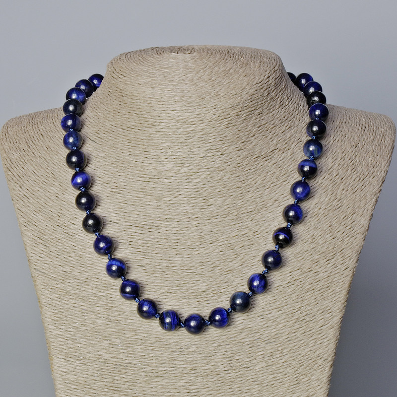 Blue Cat's Eye Necklace, natural stone, smooth beads, 10 mm diameter, 45-48 cm length
