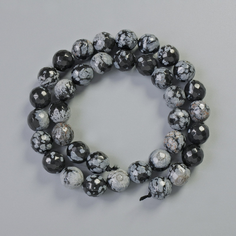 Beads Snowy Obsidian 'Apache Tears' natural stone faceted ball, diameter 10mm±, length 37cm± on thread
