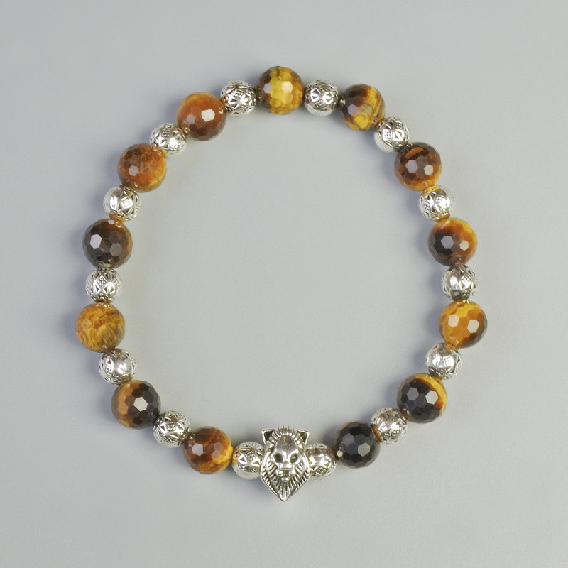 Tiger's Eye Bracelet, Natural Stone, Faceted Bead, 8mm Diameter ± (Stretch), Length 18cm ±, with Metal Inlays