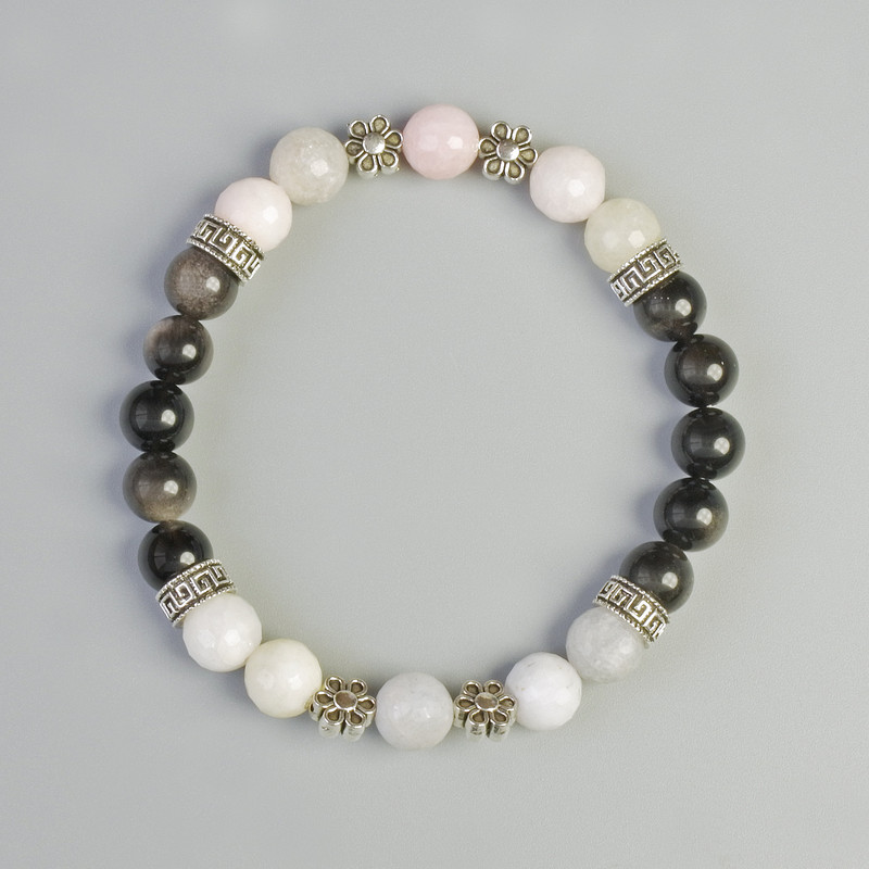 Bracelet with Silver Obsidian and Colored Jadeite, 8 mm diameter ± (stretch), length 18 cm ± with metal inlays