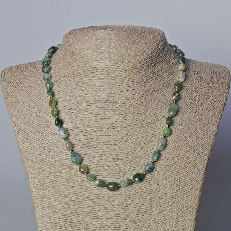 Moss Agate Necklace, natural stone, faceted beads, diameter 7×10 mm, length 45–47 cm